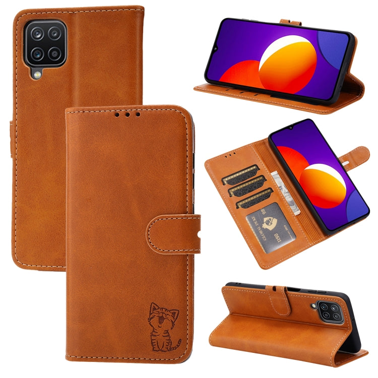 Custodia in pelle a ribalta orizzontale con motivo Happy Cat goffrato con supporto, slot per carte e portafoglio, For Samsung Galaxy S21 FE, For Samsung Galaxy A12, For Samsung Galaxy A22 4G, For Samsung Galaxy A22 5G EU Version