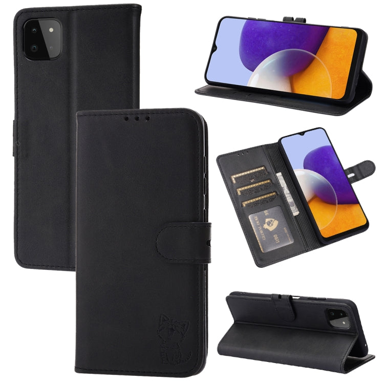 Custodia in pelle a ribalta orizzontale con motivo Happy Cat goffrato con supporto, slot per carte e portafoglio, For Samsung Galaxy S21 FE, For Samsung Galaxy A12, For Samsung Galaxy A22 4G, For Samsung Galaxy A22 5G EU Version