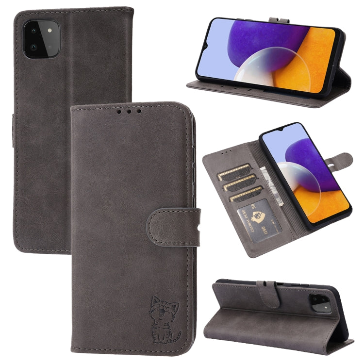 Custodia in pelle a ribalta orizzontale con motivo Happy Cat goffrato con supporto, slot per carte e portafoglio, For Samsung Galaxy S21 FE, For Samsung Galaxy A12, For Samsung Galaxy A22 4G, For Samsung Galaxy A22 5G EU Version