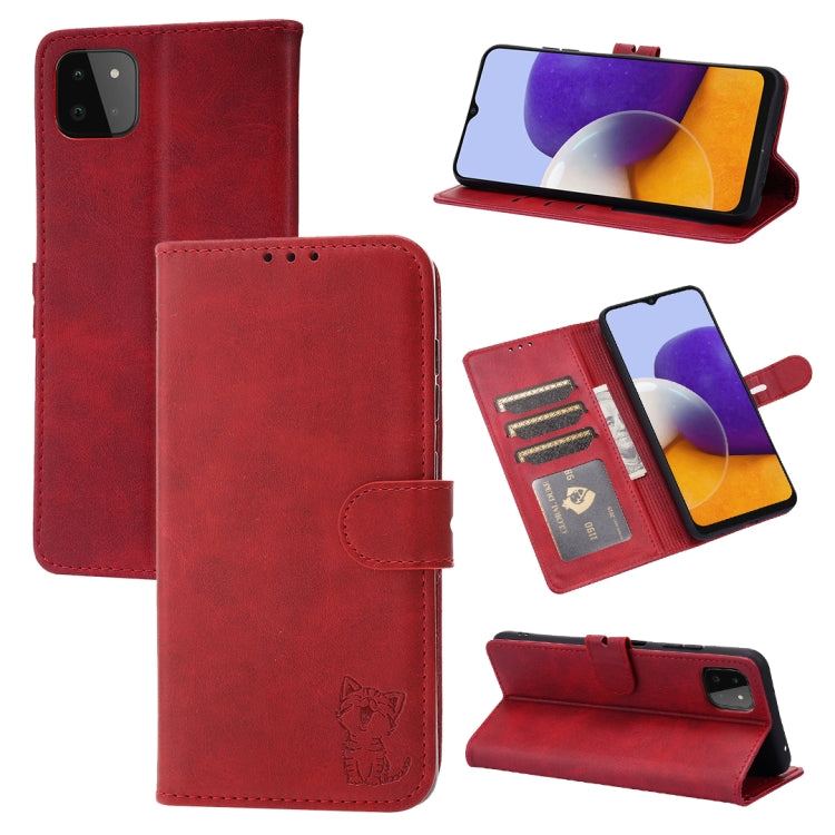 Custodia in pelle a ribalta orizzontale con motivo Happy Cat goffrato con supporto, slot per carte e portafoglio, For Samsung Galaxy S21 FE, For Samsung Galaxy A12, For Samsung Galaxy A22 4G, For Samsung Galaxy A22 5G EU Version