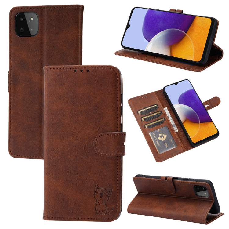 Custodia in pelle a ribalta orizzontale con motivo Happy Cat goffrato con supporto, slot per carte e portafoglio, For Samsung Galaxy S21 FE, For Samsung Galaxy A12, For Samsung Galaxy A22 4G, For Samsung Galaxy A22 5G EU Version