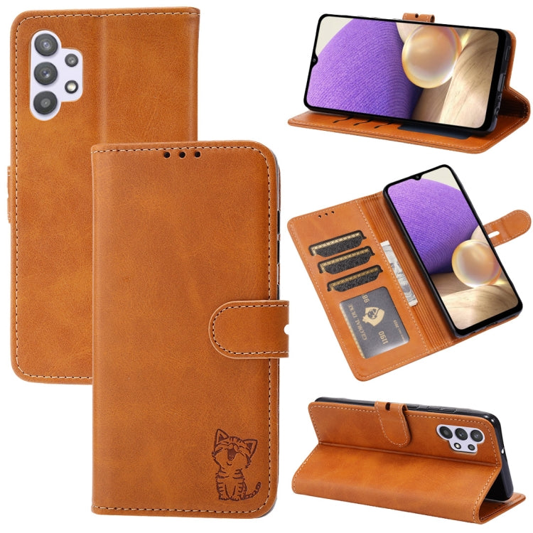 Custodia in pelle a ribalta orizzontale con motivo Happy Cat goffrato con supporto, slot per carte e portafoglio, For Samsung Galaxy A32 4G, For Samsung Galaxy A32 5G, For Samsung Galaxy A52 5G / 4G, For Samsung Galaxy A72 5G / 4G