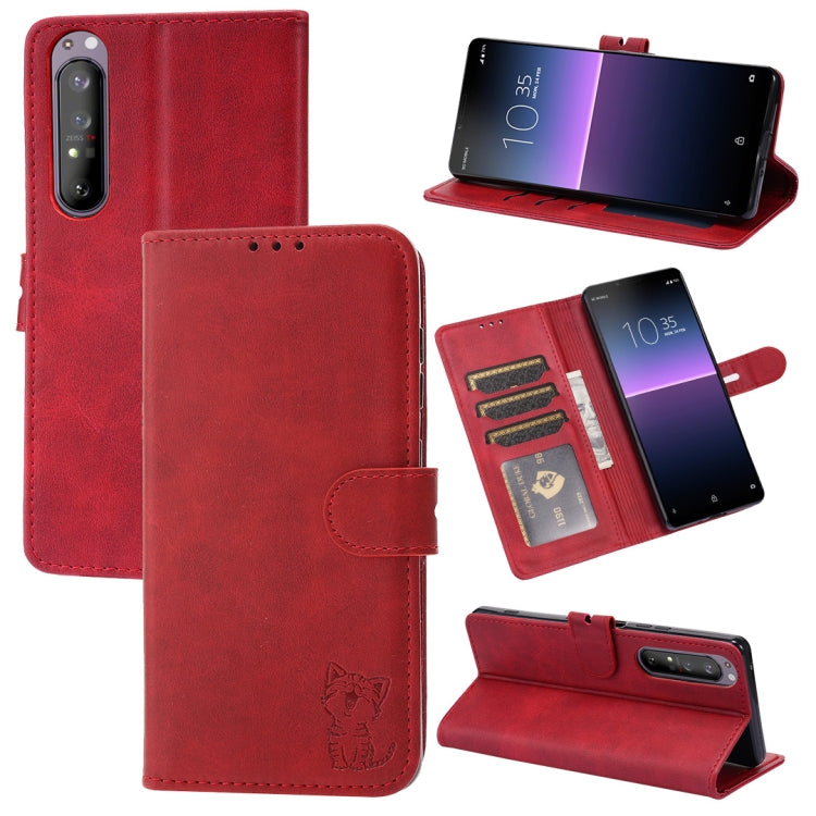 Custodia in pelle a ribalta orizzontale con motivo Happy Cat goffrato con supporto, slot per carte e portafoglio, For Sony Xperia 1 III, For Sony Xperia 5 III, For Sony Xperia 10 III
