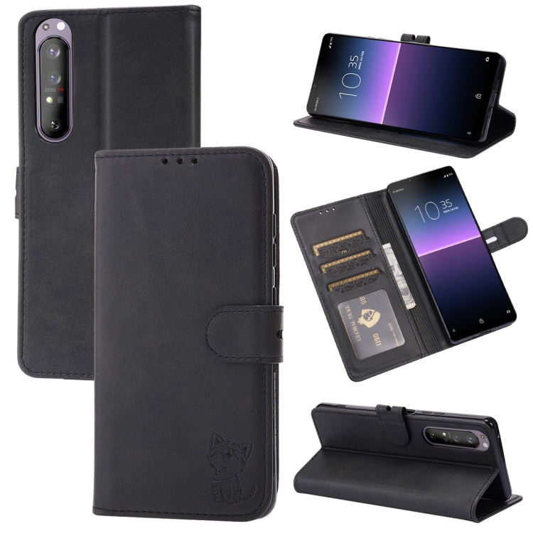 Custodia in pelle a ribalta orizzontale con motivo Happy Cat goffrato con supporto, slot per carte e portafoglio, For Sony Xperia 1 III, For Sony Xperia 5 III, For Sony Xperia 10 III