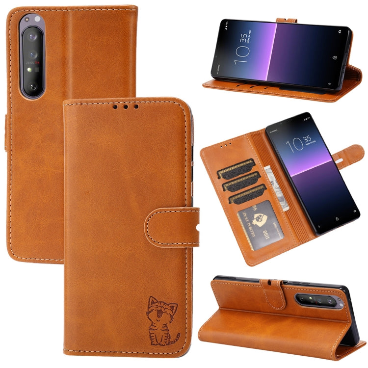 Custodia in pelle a ribalta orizzontale con motivo Happy Cat goffrato con supporto, slot per carte e portafoglio, For Sony Xperia 1 III, For Sony Xperia 5 III, For Sony Xperia 10 III