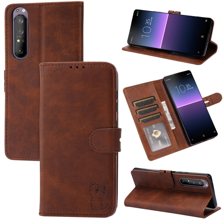 Custodia in pelle a ribalta orizzontale con motivo Happy Cat goffrato con supporto, slot per carte e portafoglio, For Sony Xperia 1 III, For Sony Xperia 5 III, For Sony Xperia 10 III