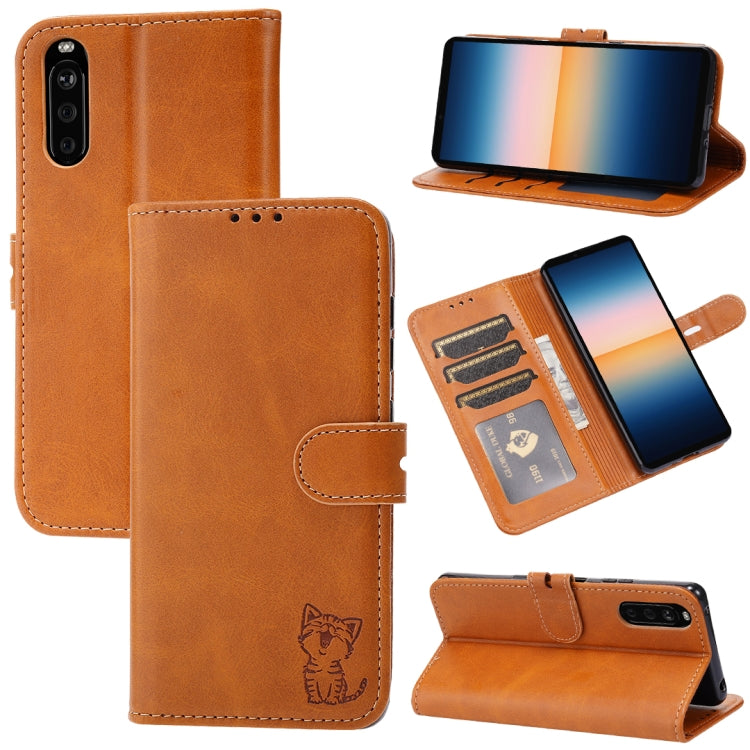 Custodia in pelle a ribalta orizzontale con motivo Happy Cat goffrato con supporto, slot per carte e portafoglio, For Sony Xperia 1 III, For Sony Xperia 5 III, For Sony Xperia 10 III