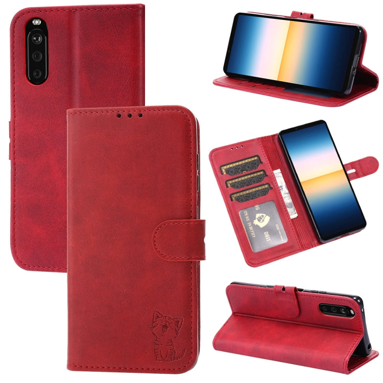Custodia in pelle a ribalta orizzontale con motivo Happy Cat goffrato con supporto, slot per carte e portafoglio, For Sony Xperia 1 III, For Sony Xperia 5 III, For Sony Xperia 10 III