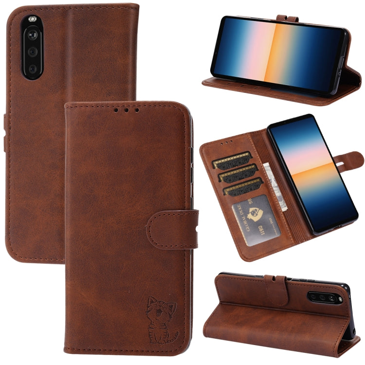 Custodia in pelle a ribalta orizzontale con motivo Happy Cat goffrato con supporto, slot per carte e portafoglio, For Sony Xperia 1 III, For Sony Xperia 5 III, For Sony Xperia 10 III