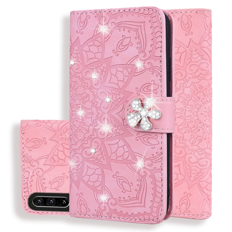 Custodia in pelle goffrata con design a doppia piegatura in vitello con mandala di diamanti con portafoglio, porta carte e fessure per carte, For Huawei Mate 20 Pro, For Huawei Mate 20 Lite /, For Huawei nova 5, For Huawei P Smart 2019                 ...