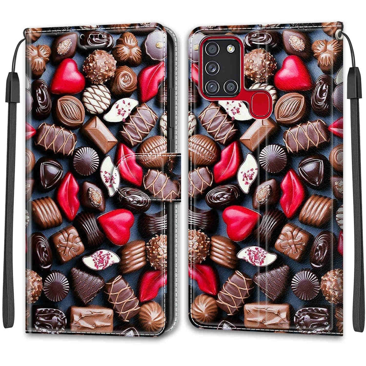 Custodia in pelle PU a vibrazione orizzontale con chiusura magnetica a disegno colorato di tensione con supporto e slot per schede, For Samsung Galaxy A21s