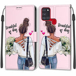 Custodia in pelle PU a vibrazione orizzontale con chiusura magnetica a disegno colorato di tensione con supporto e slot per schede, For Samsung Galaxy A21s