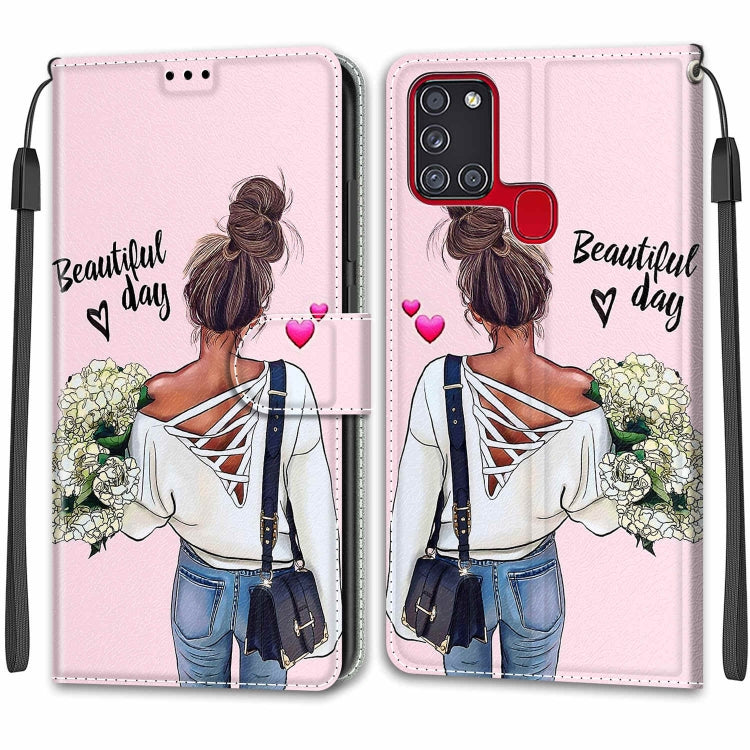 Custodia in pelle PU a vibrazione orizzontale con chiusura magnetica a disegno colorato di tensione con supporto e slot per schede, For Samsung Galaxy A21s