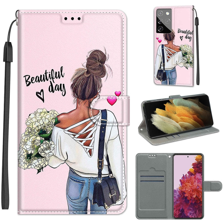 Custodia in pelle PU a vibrazione orizzontale con chiusura magnetica a disegno colorato di tensione con supporto e slot per schede, For Samsung Galaxy S21 Ultra 5G