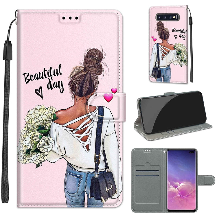 Custodia in pelle PU a vibrazione orizzontale con chiusura magnetica a disegno colorato di tensione con supporto e slot per schede, For Samsung Galaxy S10+
