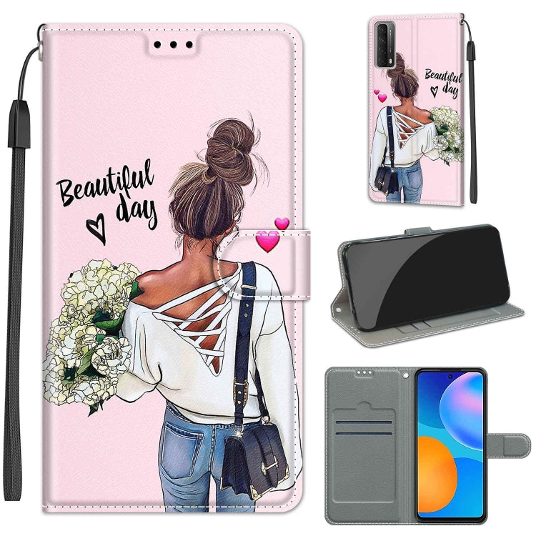 Custodia in pelle PU a vibrazione orizzontale con chiusura magnetica a disegno colorato di tensione con supporto e slot per schede, For Huawei P Smart 2021 / Y7a