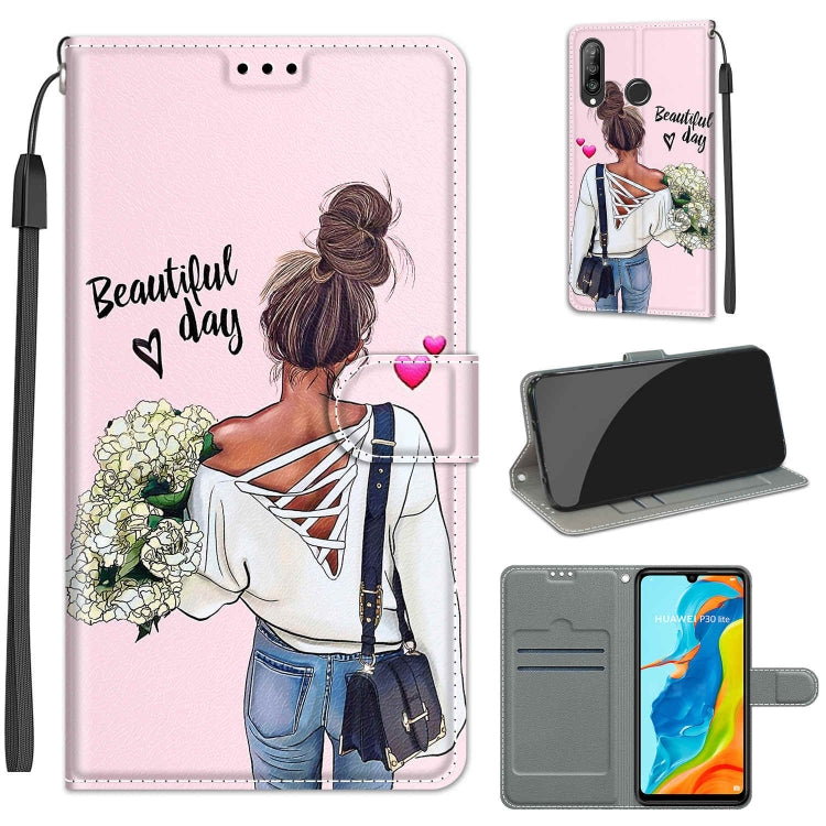 Custodia in pelle PU a vibrazione orizzontale con chiusura magnetica a disegno colorato di tensione con supporto e slot per schede, For Huawei P30 Lite