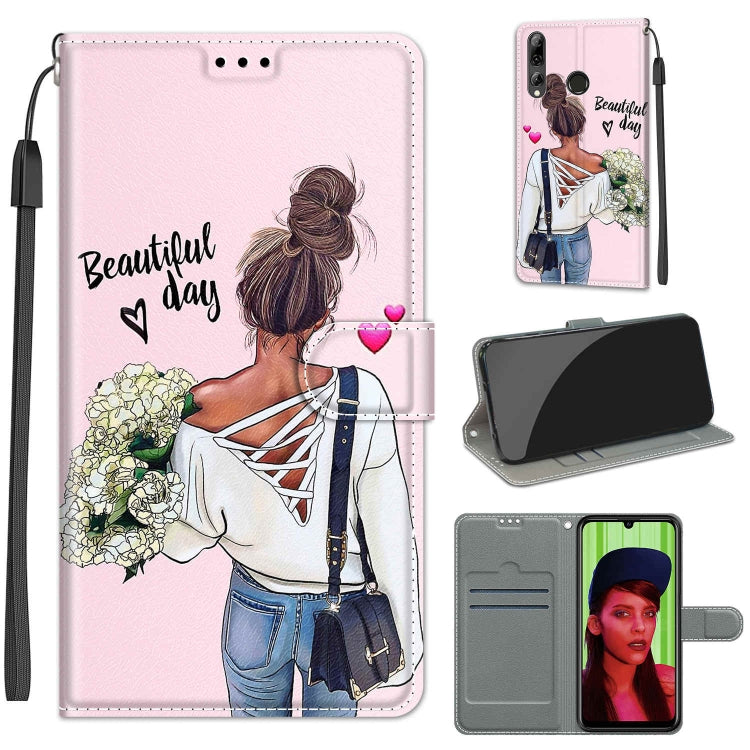 Custodia in pelle PU a vibrazione orizzontale con chiusura magnetica a disegno colorato di tensione con supporto e slot per schede, For Huawei P Smart+ 2019