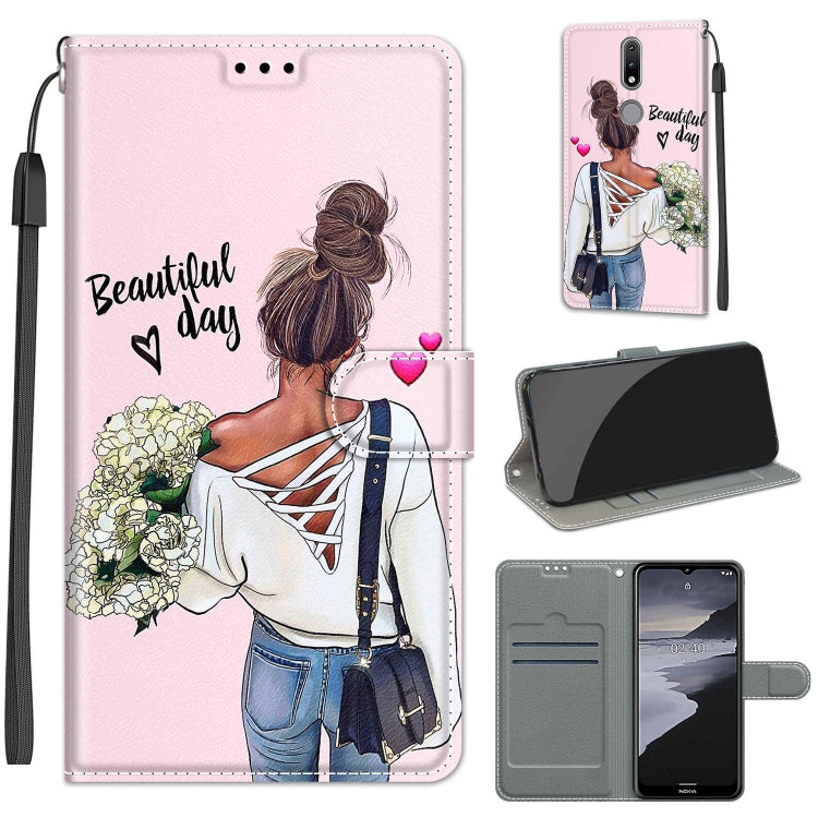 Custodia in pelle PU a vibrazione orizzontale con chiusura magnetica a disegno colorato di tensione con supporto e slot per schede, For Nokia 2.4