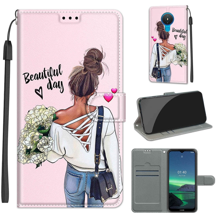 Custodia in pelle PU a vibrazione orizzontale con chiusura magnetica a disegno colorato di tensione con supporto e slot per schede, For Nokia 1.4