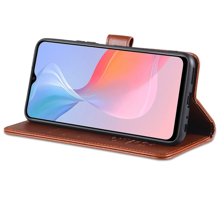 Custodia in pelle a conchiglia orizzontale con struttura in pelle di pecora AZNS con supporto, slot per carte e portafoglio, For vivo Y53s