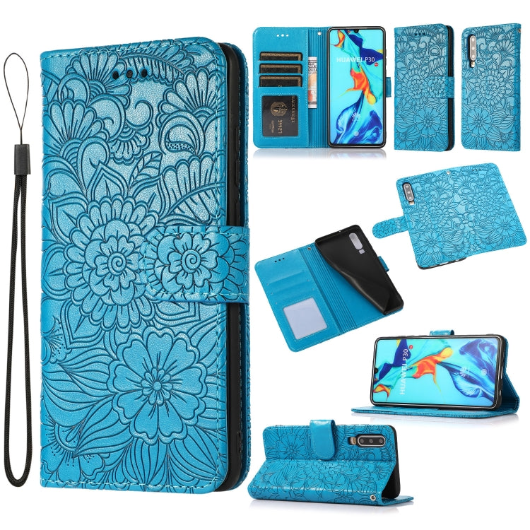 Custodia in pelle con flip orizzontale in rilievo con girasoli effetto pelle con supporto e slot per carte, portafoglio e cordino, For Huawei P30, For Huawei P20 lite
