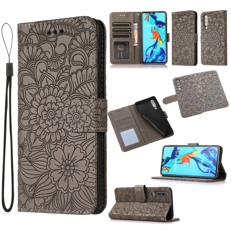 Custodia in pelle con flip orizzontale in rilievo con girasoli effetto pelle con supporto e slot per carte, portafoglio e cordino, For Huawei P30, For Huawei P20 lite