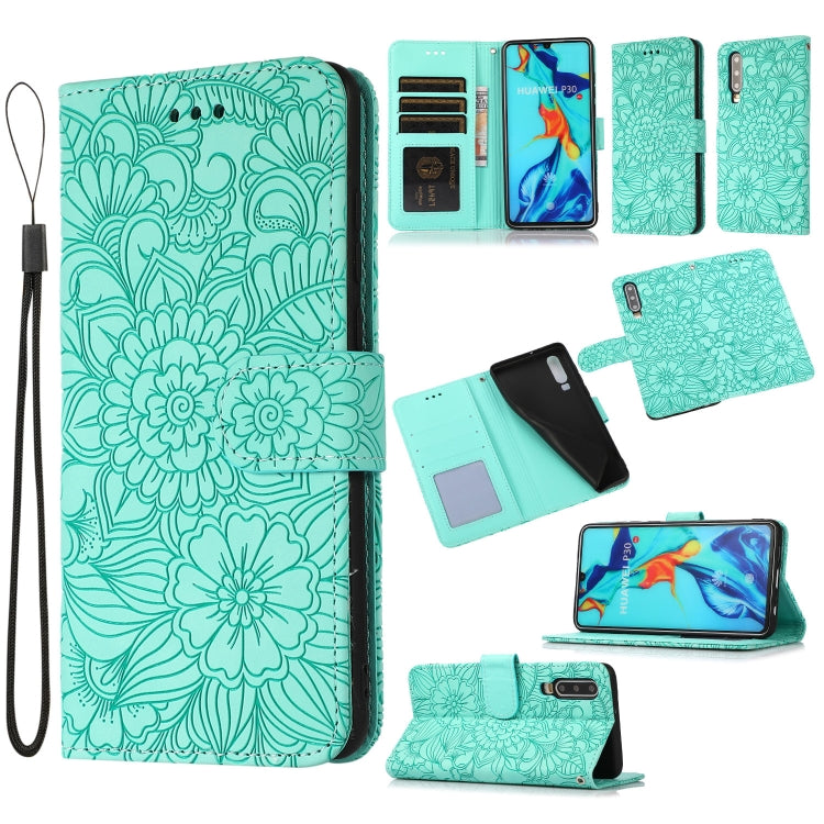 Custodia in pelle con flip orizzontale in rilievo con girasoli effetto pelle con supporto e slot per carte, portafoglio e cordino, For Huawei P30, For Huawei P20 lite