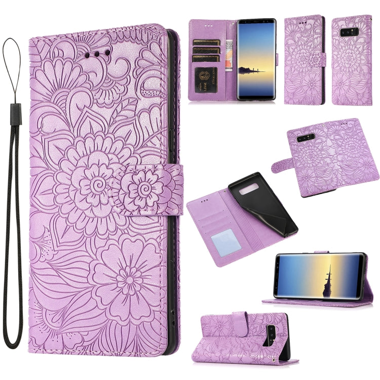 Custodia in pelle con flip orizzontale in rilievo con girasoli effetto pelle con supporto e slot per carte, portafoglio e cordino, For Samsung Galaxy Note8, For Samsung Galaxy J6, For Samsung Galaxy A5 (2017), For Samsung Galaxy J8