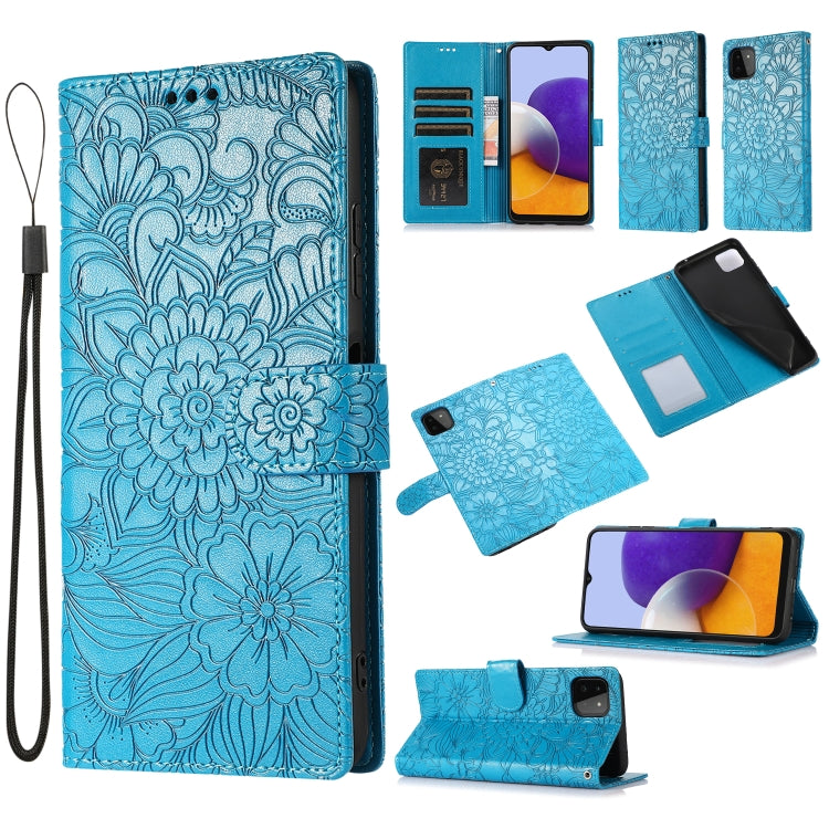 Custodia in pelle con flip orizzontale in rilievo con girasoli effetto pelle con supporto e slot per carte, portafoglio e cordino, For Samsung Galaxy A22 5G, For Samsung Galaxy A51