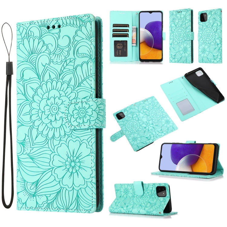 Custodia in pelle con flip orizzontale in rilievo con girasoli effetto pelle con supporto e slot per carte, portafoglio e cordino, For Samsung Galaxy A22 5G, For Samsung Galaxy A51