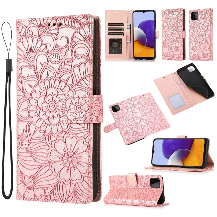 Custodia in pelle con flip orizzontale in rilievo con girasoli effetto pelle con supporto e slot per carte, portafoglio e cordino, For Samsung Galaxy A22 5G, For Samsung Galaxy A51