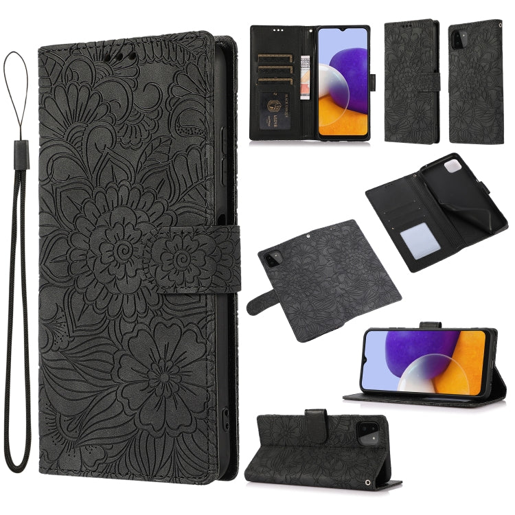 Custodia in pelle con flip orizzontale in rilievo con girasoli effetto pelle con supporto e slot per carte, portafoglio e cordino, For Samsung Galaxy A22 5G, For Samsung Galaxy A51