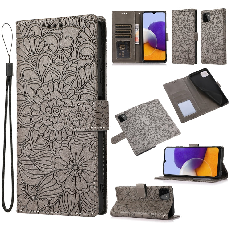 Custodia in pelle con flip orizzontale in rilievo con girasoli effetto pelle con supporto e slot per carte, portafoglio e cordino, For Samsung Galaxy A22 5G, For Samsung Galaxy A51