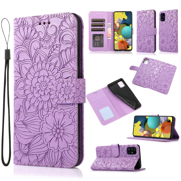 Custodia in pelle con flip orizzontale in rilievo con girasoli effetto pelle con supporto e slot per carte, portafoglio e cordino, For Samsung Galaxy A22 5G, For Samsung Galaxy A51