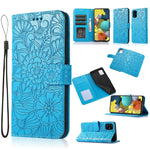 Custodia in pelle con flip orizzontale in rilievo con girasoli effetto pelle con supporto e slot per carte, portafoglio e cordino, For Samsung Galaxy A22 5G, For Samsung Galaxy A51