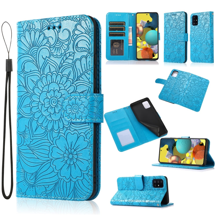 Custodia in pelle con flip orizzontale in rilievo con girasoli effetto pelle con supporto e slot per carte, portafoglio e cordino, For Samsung Galaxy A22 5G, For Samsung Galaxy A51