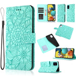 Custodia in pelle con flip orizzontale in rilievo con girasoli effetto pelle con supporto e slot per carte, portafoglio e cordino, For Samsung Galaxy A22 5G, For Samsung Galaxy A51