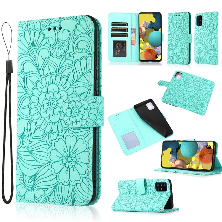 Custodia in pelle con flip orizzontale in rilievo con girasoli effetto pelle con supporto e slot per carte, portafoglio e cordino, For Samsung Galaxy A22 5G, For Samsung Galaxy A51