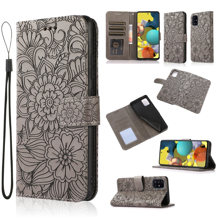 Custodia in pelle con flip orizzontale in rilievo con girasoli effetto pelle con supporto e slot per carte, portafoglio e cordino, For Samsung Galaxy A22 5G, For Samsung Galaxy A51