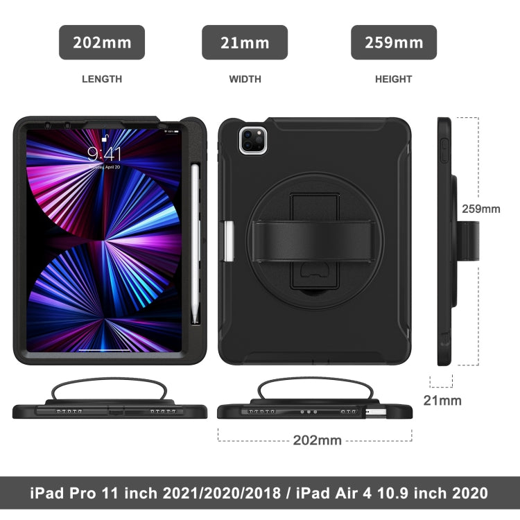 Custodia protettiva antiurto in TPU + PC con supporto per impugnatura pieghevole con rotazione a 360 gradi e slot per penna, For iPad Pro 11 2022 / 2021 / 2020 / 2018