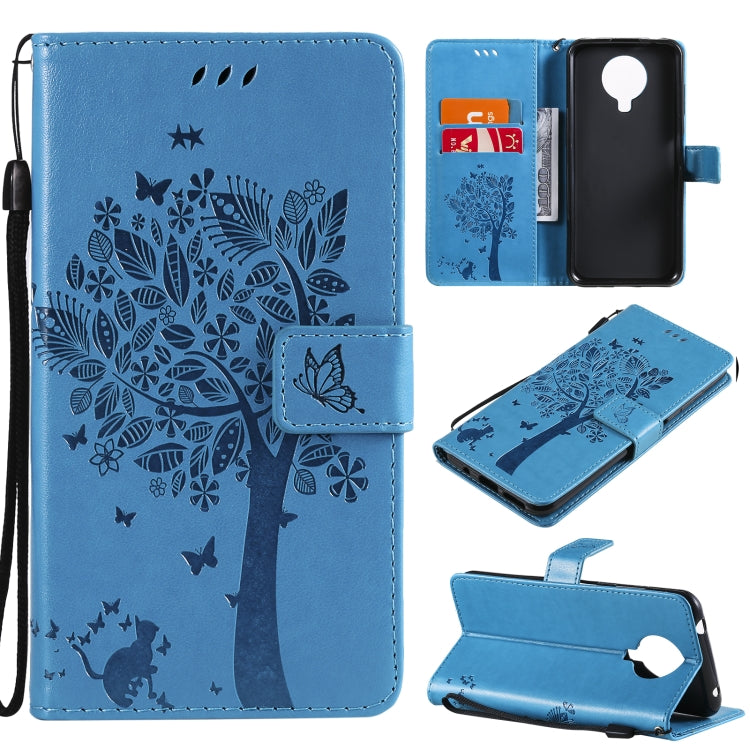 Custodia in pelle sintetica a vibrazione orizzontale con motivo ad albero e gatto con supporto e fessure per carte, portafoglio e cordino, For Nokia 6.3, For Nokia G20