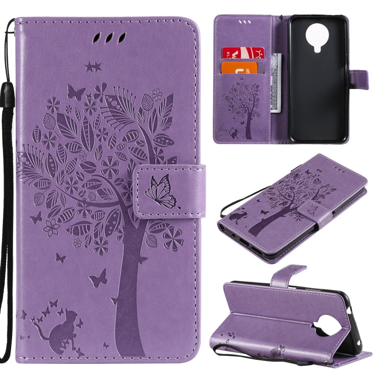 Custodia in pelle sintetica a vibrazione orizzontale con motivo ad albero e gatto con supporto e fessure per carte, portafoglio e cordino, For Nokia 6.3, For Nokia G20