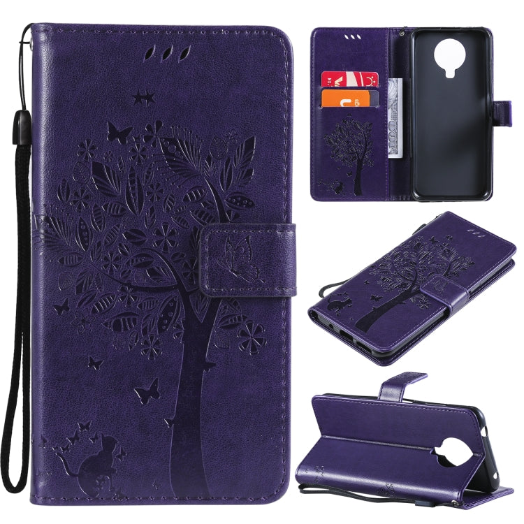 Custodia in pelle sintetica a vibrazione orizzontale con motivo ad albero e gatto con supporto e fessure per carte, portafoglio e cordino, For Nokia G10, For Nokia X20