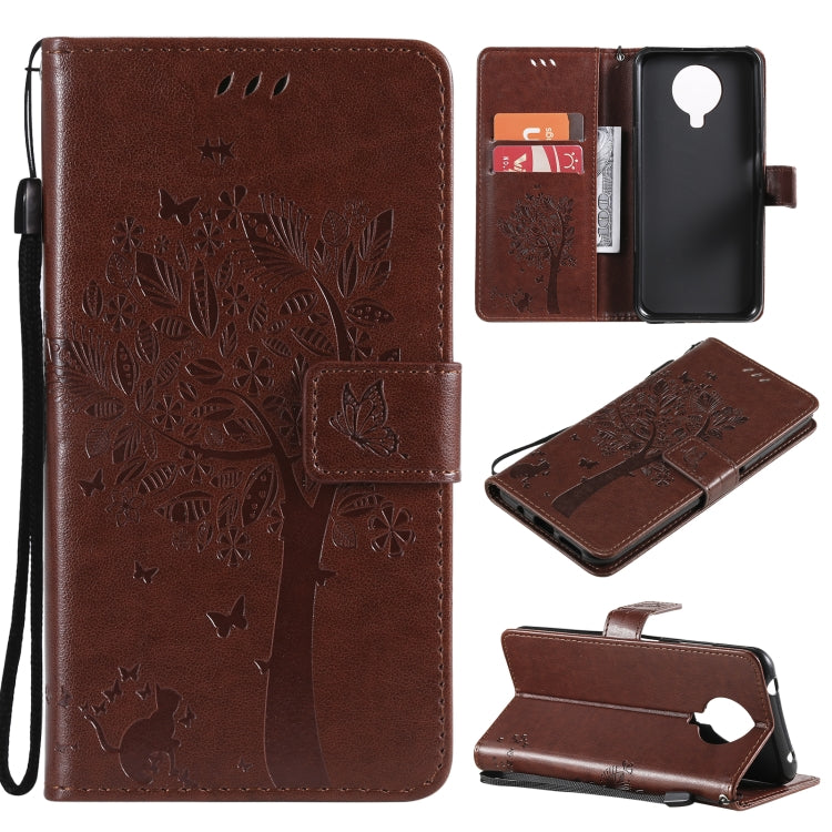 Custodia in pelle sintetica a vibrazione orizzontale con motivo ad albero e gatto con supporto e fessure per carte, portafoglio e cordino, For Nokia G10, For Nokia X20