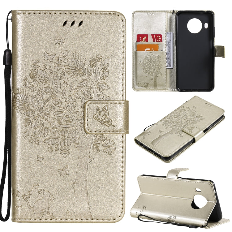 Custodia in pelle sintetica a vibrazione orizzontale con motivo ad albero e gatto con supporto e fessure per carte, portafoglio e cordino, For Nokia G10, For Nokia X20