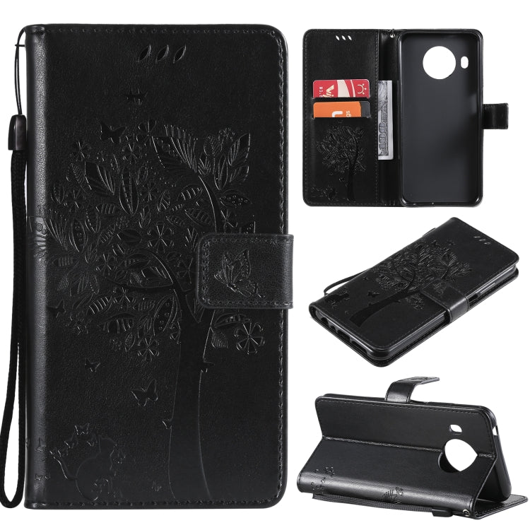 Custodia in pelle sintetica a vibrazione orizzontale con motivo ad albero e gatto con supporto e fessure per carte, portafoglio e cordino, For Nokia G10, For Nokia X20
