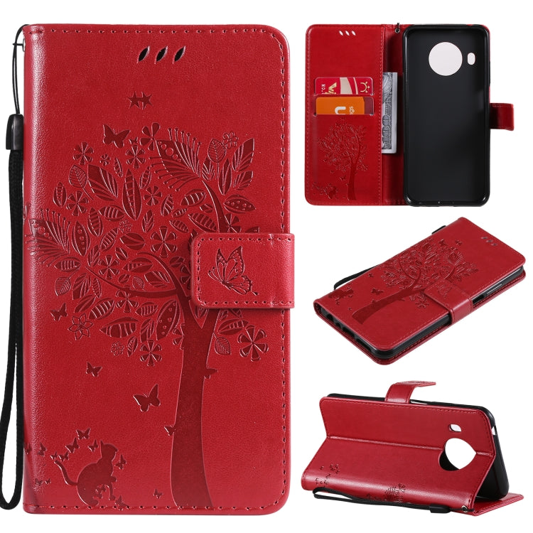 Custodia in pelle sintetica a vibrazione orizzontale con motivo ad albero e gatto con supporto e fessure per carte, portafoglio e cordino, For Nokia G10, For Nokia X20