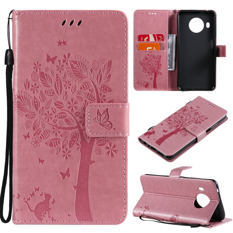 Custodia in pelle sintetica a vibrazione orizzontale con motivo ad albero e gatto con supporto e fessure per carte, portafoglio e cordino, For Nokia G10, For Nokia X20