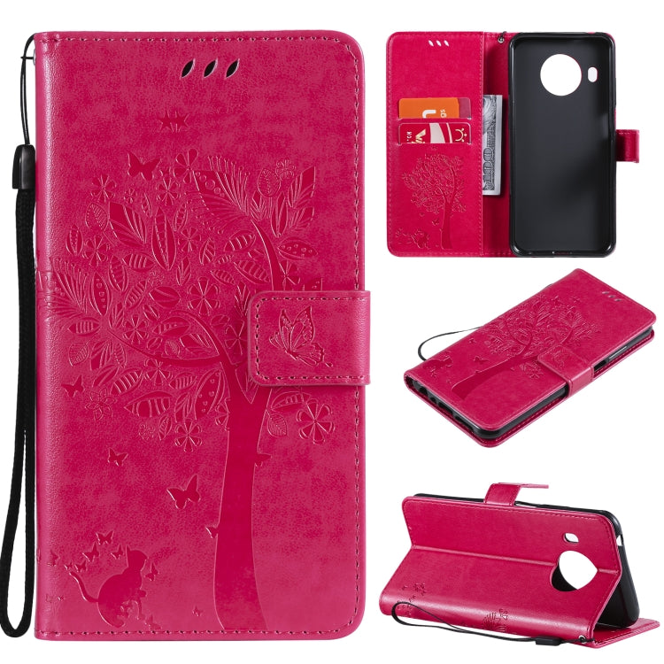 Custodia in pelle sintetica a vibrazione orizzontale con motivo ad albero e gatto con supporto e fessure per carte, portafoglio e cordino, For Nokia G10, For Nokia X20